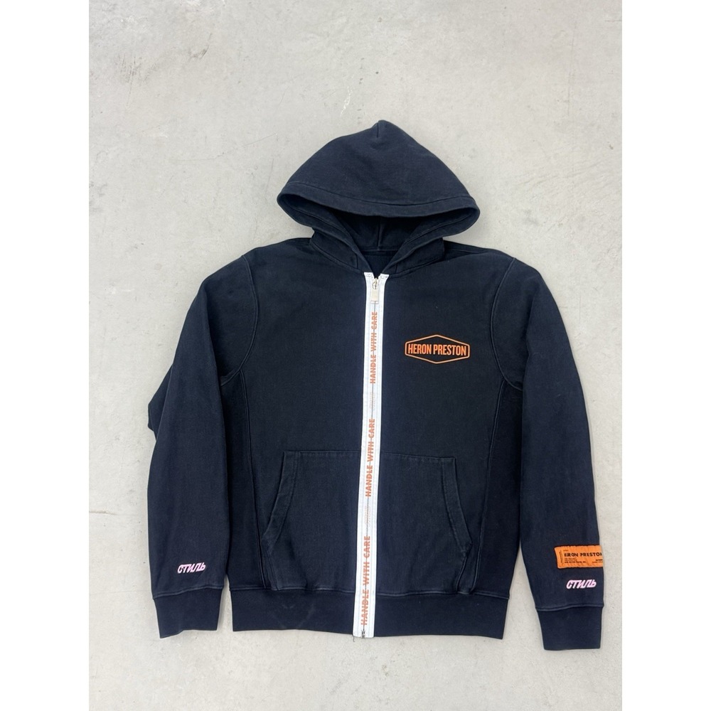 Heron‎ Preston Handle With Care Hoodie Men's Size XXS Fit S Black Full Zip Tape